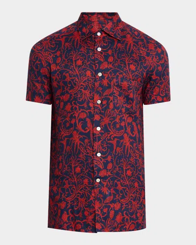 Kiton Men's Linen Coral-print Short-sleeve Shirt In Red