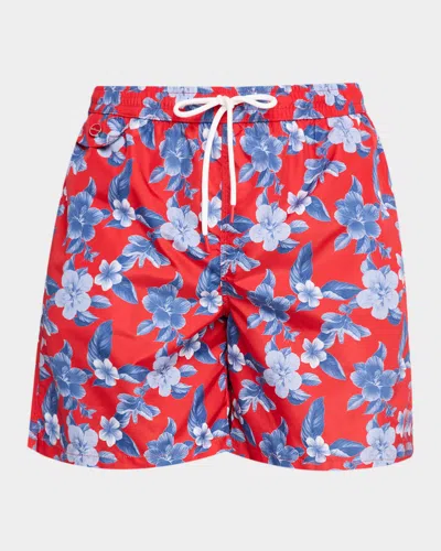 Kiton Men's Maxi-floral Swim Trunks In Blue