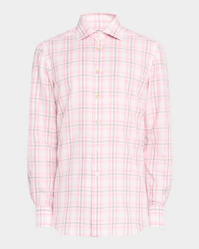 Kiton Men's Medium Check Sport Shirt In Pink Mult