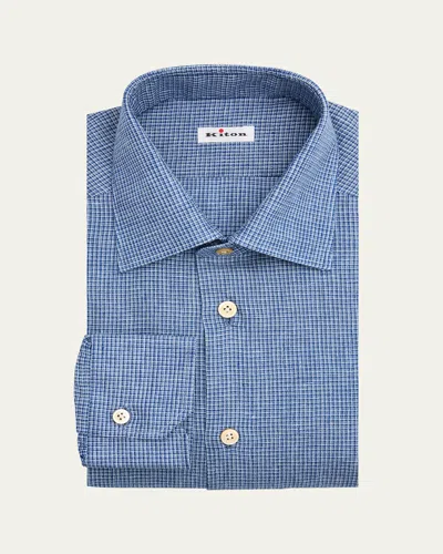 Kiton Men's Micro-check Linen Blend Dress Shirt In Blue