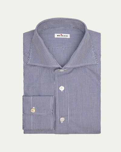 Kiton Men's Micro-gingham Spread Collar Dress Shirt In Blue