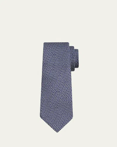 Kiton Men's Micro-floral Silk 7-fold Tie In Blue