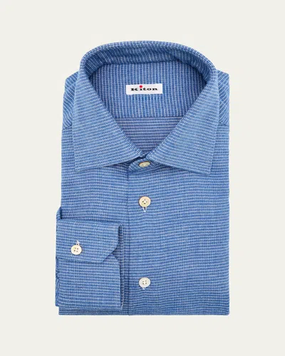 Kiton Men's Micro-pattern Cotton Dress Shirt In Blue