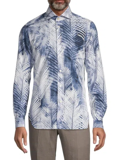 Kiton Men's Palm Tree Button Down Shirt In Blue