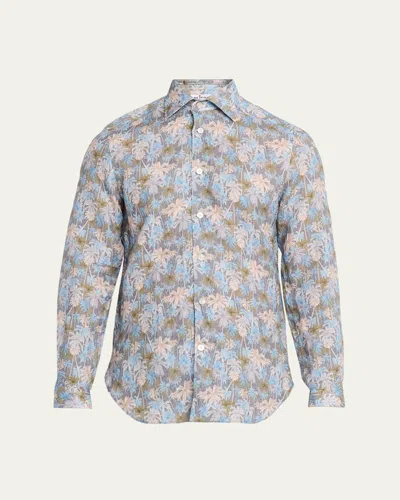 Kiton Men's Palm-print Linen Button-down Shirt With Mother-of-pearl In Blue