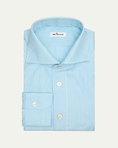 Kiton Men's Pinstripe Cotton Spread Collar Dress Shirt In Blue