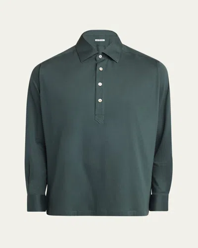 Kiton Men's Positano Jersey Long-sleeve Polo Shirt In Green