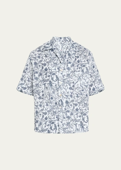 Kiton Men's Printed Linen Camp Shirt In Wht