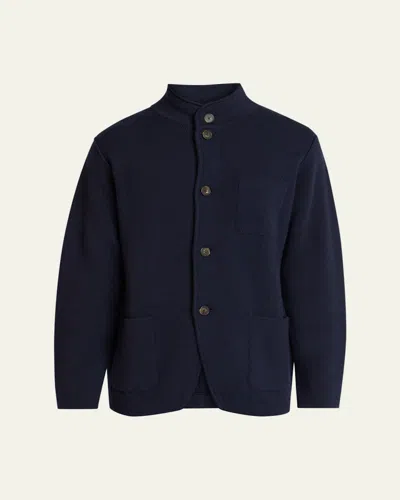 Kiton Men's Punto Cashmere Knit Band-collar Jacket In Blue