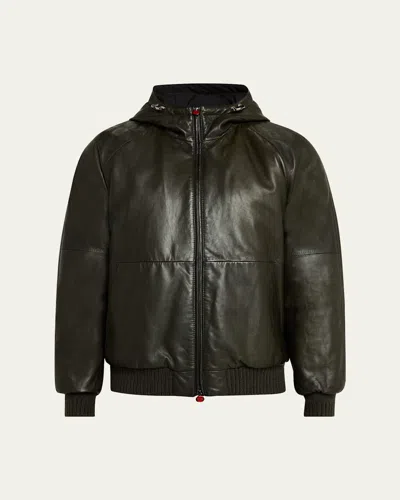 Kiton Men's Reversible Leather To Nylon Full-zip Blouson In Grn
