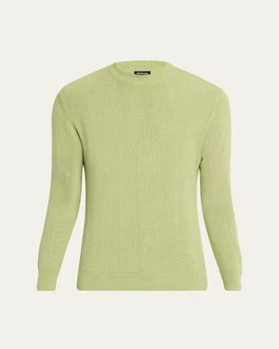 Kiton Men's Silk, Cashmere And Linen Micro-rib Crewneck Sweater In Green