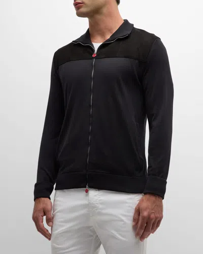 Kiton Men's Silk, Cotton And Suede Full-zip Sweater In Black