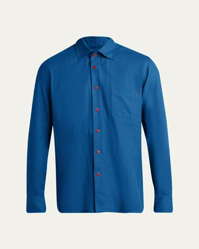 Kiton Men's Solid Cotton Pocket Snap-front Shirt In Blue