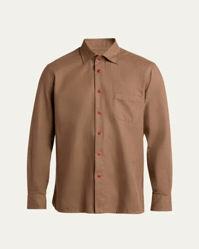 Kiton Men's Solid Cotton Pocket Snap-front Shirt In Brown