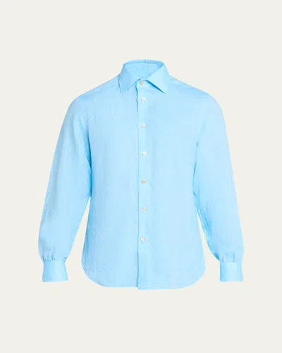 Kiton Men's Solid Linen Button-down Shirt With Mother-of-pearl In Blue