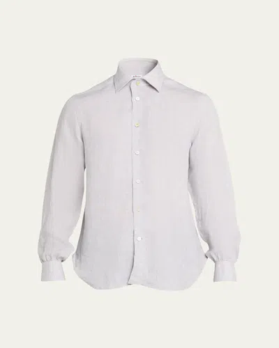 Kiton Men's Solid Linen Button-down Shirt With Mother-of-pearl In White