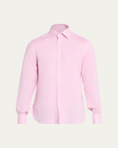 Kiton Men's Solid Linen Button-down Shirt With Mother-of-pearl In Pink
