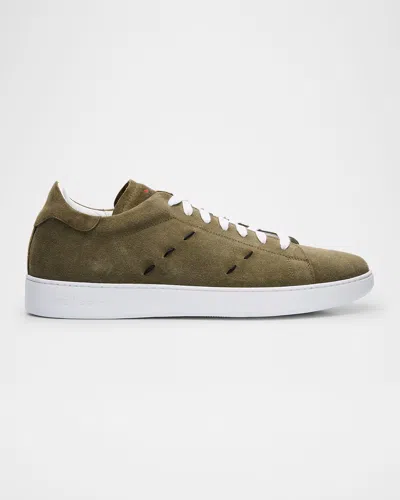 Kiton Men's Stitching Suede Low-top Sneakers In Olive