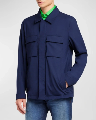 Kiton Men's Technical Wool Concealed-zip Shirt Jacket In Navy