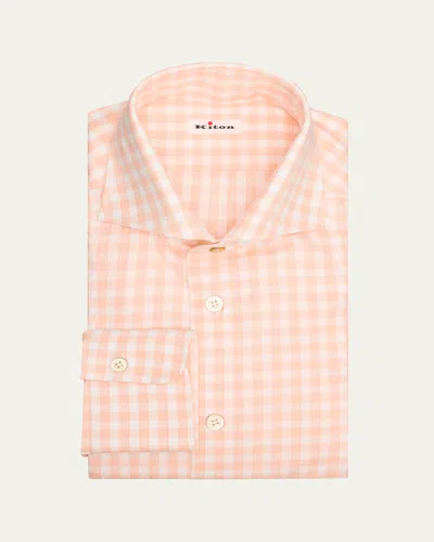 Kiton Men's Tonal Check Cotton Dress Shirt With Mother-of-pearl Buttons In Orange