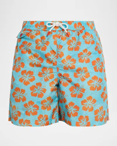 Kiton Men's Tropical Floral Swim Trunks In Blue
