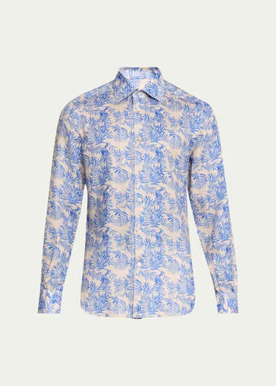Kiton Men's Tropical Linen Casual Button-down Shirt In Blue