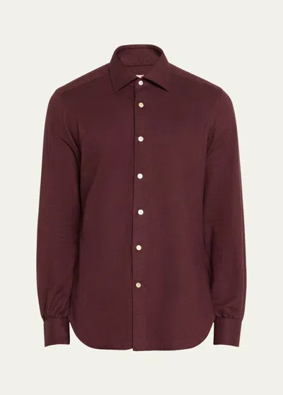 Kiton Men's Twill Flannel Sport Shirt In Dk Red