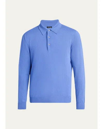 Kiton Men's Vicuna Wool And Cashmere Polo Sweater In Blue
