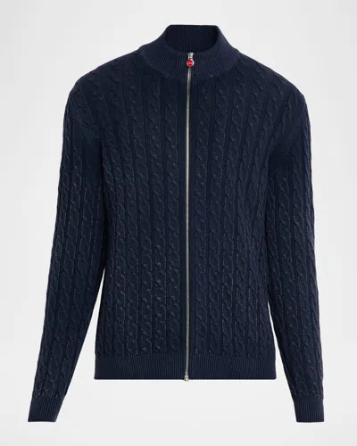 Kiton Men's Washed Cashmere Cable Knit Full-zip Sweater In Blue