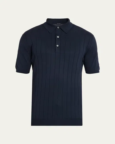 Kiton Men's Wide Rib Sea Island Cotton Polo Sweater In Blue