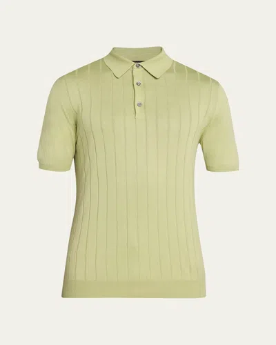 Kiton Men's Wide Rib Sea Island Cotton Polo Sweater In Green