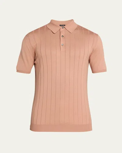 Kiton Men's Wide Rib Sea Island Cotton Polo Sweater In Brown