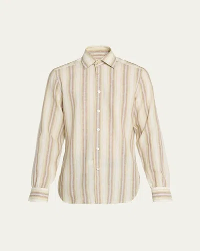 Kiton Men's Wide Stripe Linen-blend Button-down Shirt In Neutral