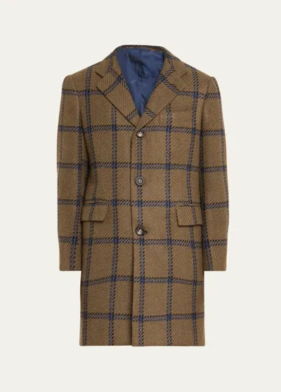 Kiton Men's Windowpane Cashmere Topcoat In Olive