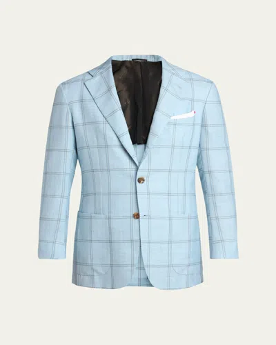Kiton Men's Windowpane Check Cashmere And Linen Sport Coat In Blue