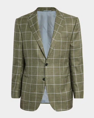 Kiton Men's Windowpane Check Patch-pocket Sport Coat In Green
