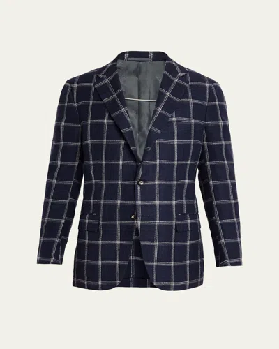 Kiton Men's Windowpane Silk, Cotton And Cashmere Sport Coat In Blue