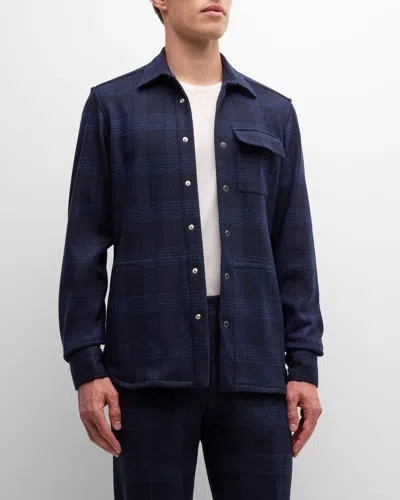 Kiton Men's Wool Plaid Overshirt In Navy