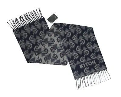 Pre-owned Kiton Napoli $1,050 Gray Navy Blue 100% Cashmere Fringe Scarf 72"x12"