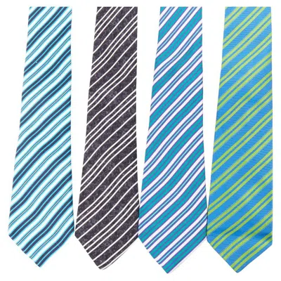 Pre-owned Kiton Napoli Set Of 4 100% Silk Green Black White Diagonal Stripes Dress Tie