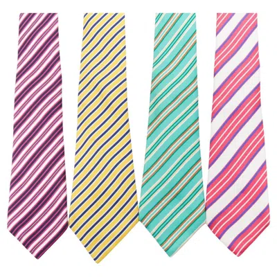 Pre-owned Kiton Napoli Set Of 4 100% Silk Green Pink Purple Diagonal Stripes Dress Tie