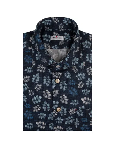 Kiton Navy Blue Shirt With All-over Leaf Pattern