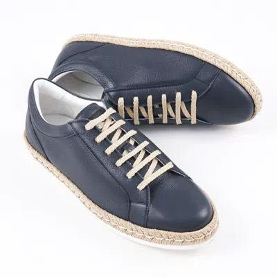 Pre-owned Kiton Navy Blue Soft Calf Leather Sneakers With Jute Detail Us 10 (eu 43) Shoes