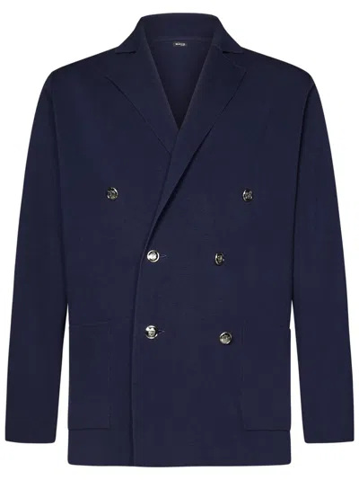 Kiton Navy Cotton Double-breasted Blazer With Peak Lapels In Blue