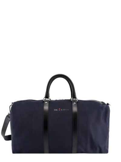 Kiton Nylon And Leather Duffle Bag With Logo Print In Blue