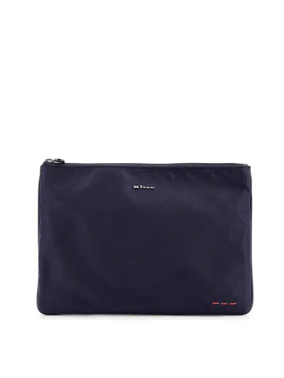 Kiton Nylon Clutch Bag With Metal Lettering Logo In Blue