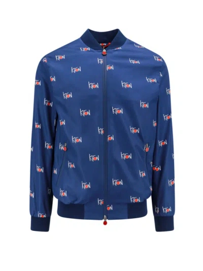 Kiton Nylon Jacket With All-over Logo Print In Blue