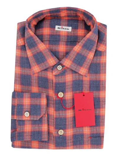 Pre-owned Kiton Orange Plaid Linen Shirt - Slim - (kt1228232)