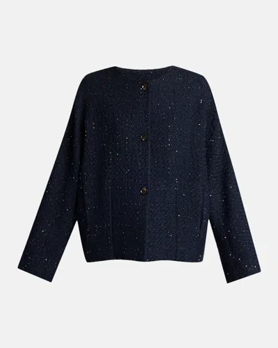 Kiton Paillette Tweed Collarless Jacket In Blue