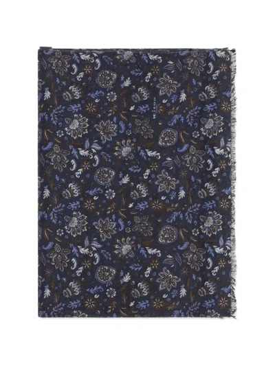 Kiton Paisley Floral-print Frayed Scarf In Blue